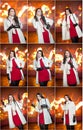 Fashionable lady wearing red dress and white coat outdoor in urban scenery with city lights in background. Full length portrait Royalty Free Stock Photo