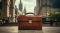 Fashionable leather briefcase on table