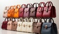 Fashionable leather luggage collection in a row, no people generated by AI