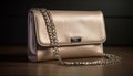 Fashionable leather purse with shiny gold decoration and metallic chain generated by AI