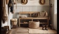 Fashionable leather shoes on rustic wooden shelf generated by AI