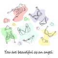 Fashionable lingerie collection for women,  sketch illustration. Logo of women`s lace underwear, panties, bras, corsets, Royalty Free Stock Photo