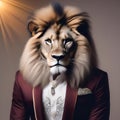A fashionable lion in stylish clothing, posing for a portrait with a commanding presence3