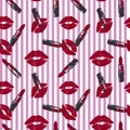 Lipstick and kiss pattern on striped background