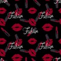 Lipstick and kiss pattern on black background