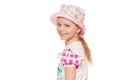 Fashionable little cute girl in shirt and hat, isolated on white background