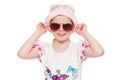 Fashionable little cute girl in sunglasses and hat, isolated on white background Royalty Free Stock Photo