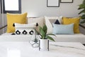 Fashionable living room interior with yellow and blue accents. Royalty Free Stock Photo