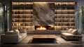 Fashionable livingroom fireplace with marble accent ai generated background image Royalty Free Stock Photo
