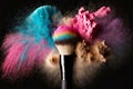 Fashionable makeup splash colored cosmetic powder in air on black background