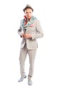 Fashionable male model wearing grey suit, scarf and hat Royalty Free Stock Photo