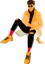 Fashionable man in long coat and torn jeans seating on white background. Isolated vector illustration.