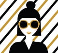 Fashionable modern girl in sunglasses. Portrait with gold glittering striped background. Fashion illustration