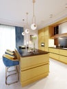 Fashionable and modern kitchen in yellow with a kitchen island and bar stools. Inter in blue and yellow Royalty Free Stock Photo