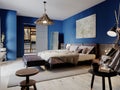Fashionable modern loft style bedroom with blue walls and rustic furniture Royalty Free Stock Photo