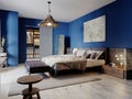 Fashionable modern loft style bedroom with blue walls and rustic furniture