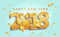Fashionable modern 2018 New Year lettering with shining gold dog paw print. Happy New year celebrate greeting typography Royalty Free Stock Photo