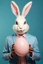 Fashionable and modern portrait Easter Bunny in a human body holds a huge Easter egg