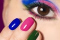 Fashionable multi-colored manicure short nails and makeup