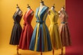 fashionable multicolored dresses on mannequins on yellow background. generative ai