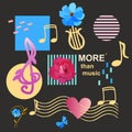 Fashionable musical background with treble and bass clefs, musical notes, lyre, abstract geometric figures, garden flowers