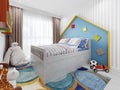 Fashionable nursery in white and blue colors with a high bed and a headboard in the shape of a house and a large window