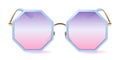 Fashionable octagonal sunglasses with transparent gradient lenses in purple and pink. Front view. Realistic vector