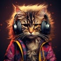 Fashionable portrait of anthropomorphic cute cat dj illustration, granular texture