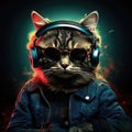 Fashionable portrait of anthropomorphic cute cat dj illustration, granular texture