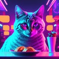 Fashionable portrait of a cat in a neon light. The cat is sitting on the table. AI Generated