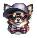 Fashionable portrait of a Chihuahua dog wearing glasses and hat, baseball cap