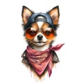 Fashionable portrait of the face of a Chihuahua dog in clothes with glasses, in a bandana in a hat, in a baseball cap, watercolor