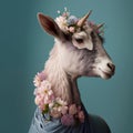 Fashionable portrait of a goat with flowers on a blue background