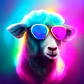 Fashionable portrait of a sheep with blue hair and pink sunglasses. AI generated