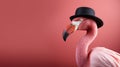 Fashionable portrait of an stylish flamingo wearing a black hat