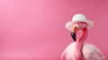 Fashionable portrait of a stylish flamingo wearing a hat