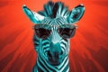 Fashionable portrait of a zebra in sunglasses on a red background