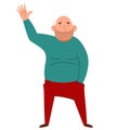 A fashionable pot-bellied man in casual clothes greets. Friendly greeting of a bald guy