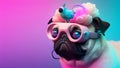 Fashionable pug dog wearing glasses in fairy kei style