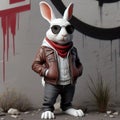 Fashionable rabbit in jacket and sunglasses.