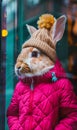 A fashionable rabbit wears a wool hat with and a pink quilted jacket