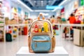 Fashionable school backpack with school supplies on the background of the exhibition rows of the store - Generative AI Royalty Free Stock Photo