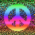 Fashionable seamless background with leopard print with rainbow and hippie peace colorful symbol. Fashion design for textile, wall