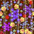 Fashionable seamless summer floral print for fabric with various flowers and thin stripes on dark brown background