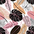 Fashionable seamless tropical pattern with bright plants and leaves on a delicate background. Beautiful exotic plants. Colorful st Royalty Free Stock Photo