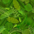 Fashionable seamless tropical pattern design with bright green plants and leaves on dark background. Jungle print. Floral backgrou