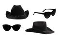 Fashionable set of two pairs of black sunglasses and hats