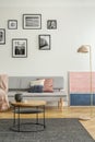 Fashionable settee with pillows in bright living room interior with pastel pink and blue painting