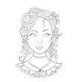Fashionable space girl. Starry sky, planets, galaxy. Coloring book. Vector illustration