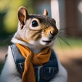 A fashionable squirrel in designer clothing, posing for a portrait in a city park3